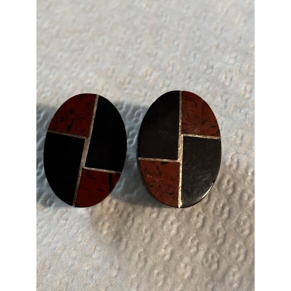 Vintage Taxco Mexico Sterling Silver Onyx Mahogany Obsidian Oval Clip Earrings - Picture 1 of 6